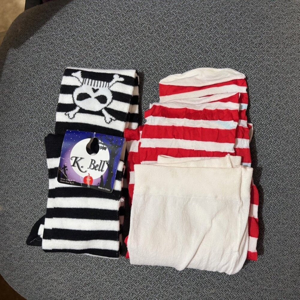K.Bell Black&White Stripe Halloween SKULL&CROSS BONES Knee High Socks NWT(+ RED)
